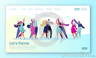 Concept of landing page with flat happy dancing couples people. Young men and women enjoying classical dance. Vector Illustration