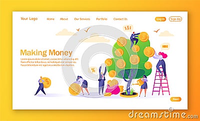 Concept of landing page on finance theme. Making money business investment with flat people characters. Woman watering money tree Vector Illustration