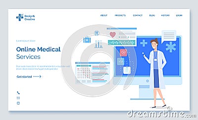 Doctor, physician, therapist woman smiling, medical website, online medical services, online help Vector Illustration