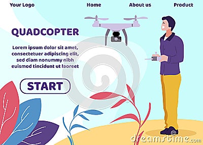 Landing Page Offer Futuristic Unmanned Quadcopters Vector Illustration
