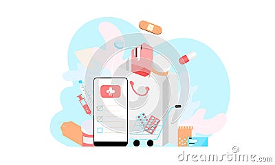 Landing page of Online pharmacy, healthcare, drugstore and e-commerce app concept. Vector of prescription drugs, first aid kit and Stock Photo