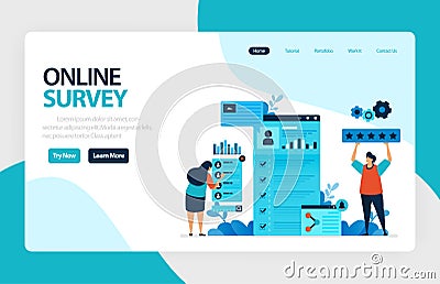 Landing page online survey. Exams Choices Flat character for learning and survey consultants. research feedback opinion, choice Vector Illustration
