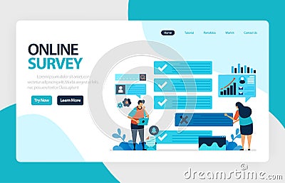 Landing page online survey. Exams Choices Flat character for learning and survey consultants. research feedback opinion, choice Vector Illustration