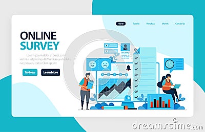 Landing page online survey. Satisfaction feedback, review form service, Exams Choices Flat character for learning and survey Vector Illustration