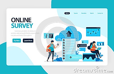 Landing page online survey. Satisfaction feedback, review form service, Exams Choices Flat character for learning and survey Vector Illustration