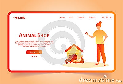 Landing page for pet shop. Online animal store. Dog cat shop. Pets care Vector Illustration