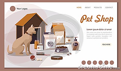 Landing page Pet shop. Pet accessories with dog . Vector Illustration