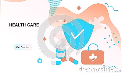 Landing page of prescription drugs, medical prescription, first aid kit and medical supplies. Concept of pharmacy, drugstore, diag Cartoon Illustration