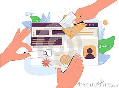 Landing page, programming, research concept. Hands of workers working on website or application, ui ux design. Vector Illustration
