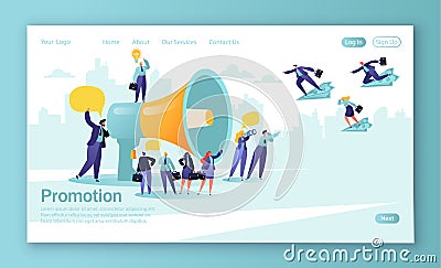 Concept of landing page for mobile website development and web page design. Promoter speaks in big megaphone and attracts buyers o Vector Illustration