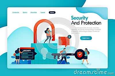 Landing page for security and protection, padlock and lock, hacking user data, privacy and financial protection, secures digital Vector Illustration