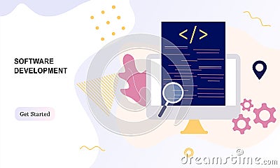 Landing page of software development coding process concept. Designer, programming, testing cross platform code, app. Create, edi Stock Photo