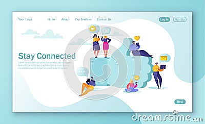 Concept of landing page for mobile website development and web page design. Flat people characters chatting in social networks nea Vector Illustration