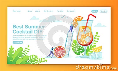 Landing page concept about making homemade summer cocktails. DIY homemade cocktail recipes. Flat cartoon people characters, barten Vector Illustration
