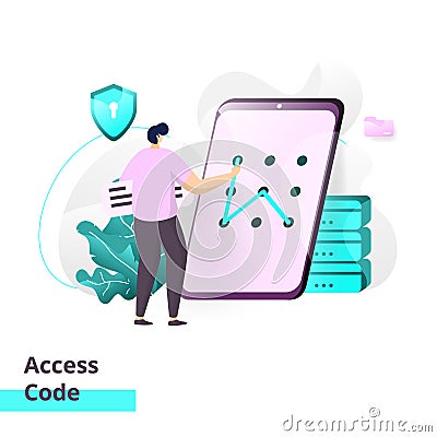 Landing page template of Access Code. man is opening the pattern code on the smartphone. Modern flat design concept of web page Vector Illustration