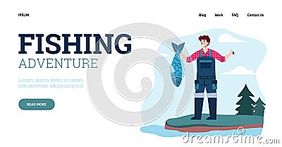 Landing page template with advertise of adventure and trip in fishing season. Vector Illustration