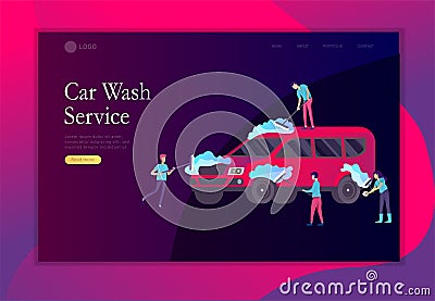 Landing page template cleaning vehicle with special equipment. Car wash service, automatic carwash concept. Vector flat Vector Illustration