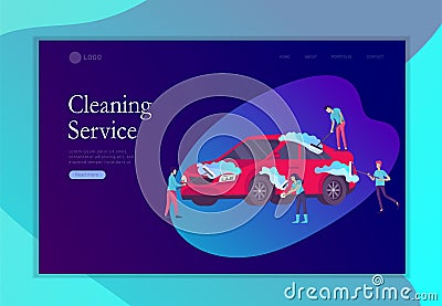 Landing page template cleaning vehicle with special equipment. Car wash service, automatic carwash concept. Vector flat Vector Illustration
