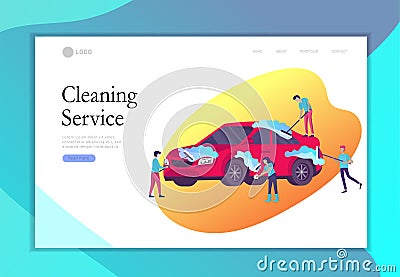 Landing page template cleaning vehicle with special equipment. Car wash service, automatic carwash concept. Vector flat Vector Illustration