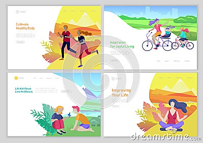 Landing page template with couple running on sunset, children girl and boy see a butterfly, mother riding bicycles with child, Cartoon Illustration