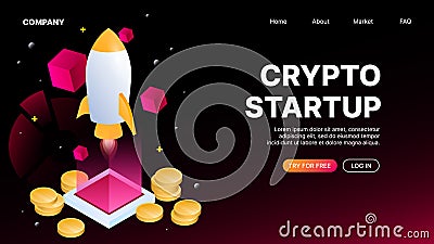 Landing page template for Crypto Startup. Horizontal Web Banner Vector Illustration