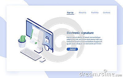 Landing page template with desktop computer, paper document with signature on it, lock and shield. Electronic signature Vector Illustration