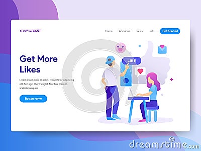 Landing page template of Get More Likes Concept. Modern flat design concept of web page design for website and mobile website.Vect Cartoon Illustration