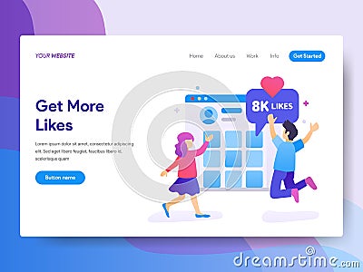 Landing page template of Get More Likes Concept. Modern flat design concept of web page design for website and mobile website.Vect Cartoon Illustration