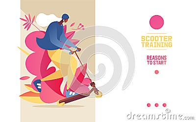 Landing page template goo for scooter rental or riding school or training park. Young woman in helmet with leaf and greenery Stock Photo