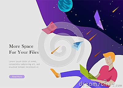 Landing page template. Inspired People flying. Create your own spase. Characters moving and floating in dreams Vector Illustration