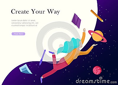 Landing page template. Inspired People flying. Create your own spase. Characters moving and floating in dreams Vector Illustration