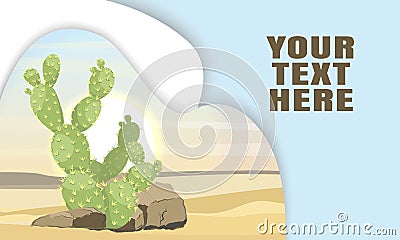 Landing Page Template with Layered Shadows and Image Desert with large green cacti Opuntia Vector Illustration