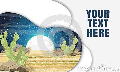 Landing Page Template with Layered Shadows and Image Desert with sand, stones and large green cacti Opuntia at night Vector Illustration