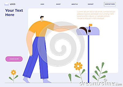 Landing page template with man and mailbox. Mail service, cartoon male character receiving letter. Flat vector illustration Cartoon Illustration