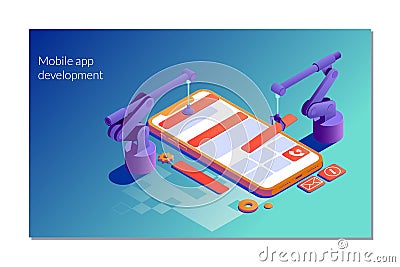 Landing page template of Mobile app development. Flat isometric vector illustration isolated on white background. Vector Illustration