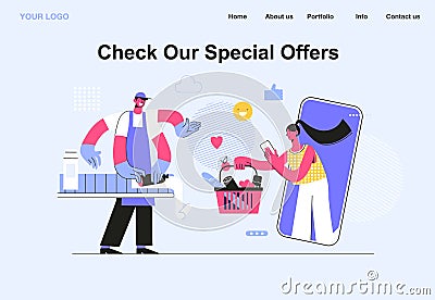 Landing page template of Online Sale, Young woman shop online using smartphone. Seller wear uniform packs products Vector Illustration