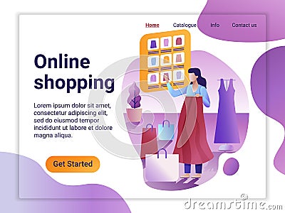 Landing page template of Online Shopping. The Flat design concept of web page design for a mobile website. The Woman Vector Illustration