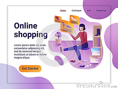 Landing page template of Online Shopping. The Flat design concept of web page design for a mobile website. The Woman Vector Illustration