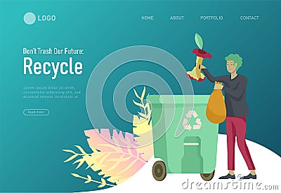 Landing page template with people Recycle Sort Garbage in different container for Separation to Reduce Environment Vector Illustration