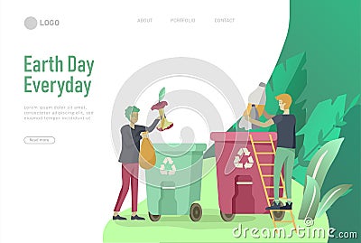 Landing page template with people Recycle Sort Garbage in different container for Separation to Reduce Environment Vector Illustration