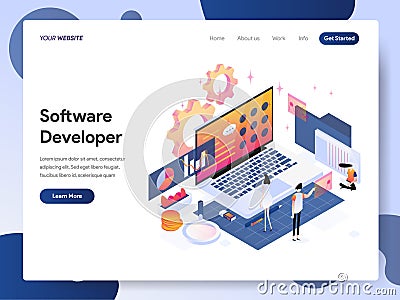 Landing page template of Software Developer Isometric Illustration Concept. Modern design concept of web page design for website Cartoon Illustration