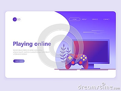 Landing page template. Video gaming, online games. Computer screen and gamepad. Flat vector illustration concepts for a web page Cartoon Illustration