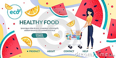 Landing Page Template with Woman Buys Health Food Vector Illustration