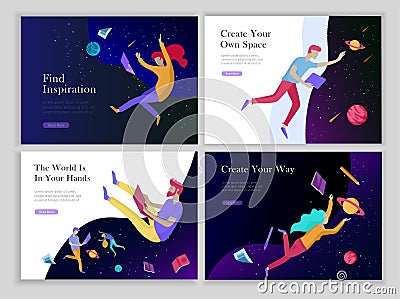 Landing page templates set. Inspired People flying. Create your own spase. Characters moving and floating in dreams Vector Illustration