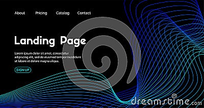Landing page vector template. Dark blue abstract background for home page. Web site header with dynamic lines Vector Illustration