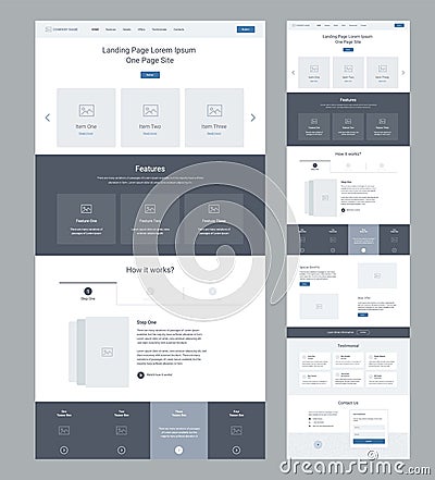 Ux ui website. Modern responsive design. Landing page wireframe design for business. One page website layout template. Vector Illustration