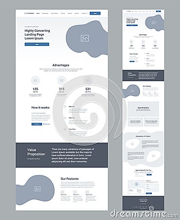 Landing page wireframe design for business. One page website layout template. Modern responsive design. Ux ui website. Vector Illustration