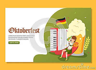 Landing page of woman drinking and holding pretzel to celebrate Oktoberfest event Vector Illustration