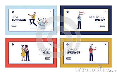 Landing pages with shocked and surprised people after shocking news. Templates set Vector Illustration