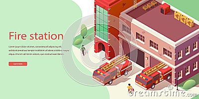 Landing Web Page, Banner Isometric Fire Station Vector Illustration